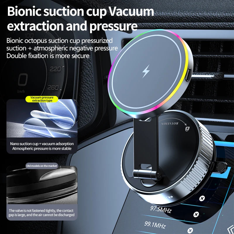 15W Wireless Magnetic Car Charger | Vacuum Suction Phone Holder with Multi-Angle Rotation