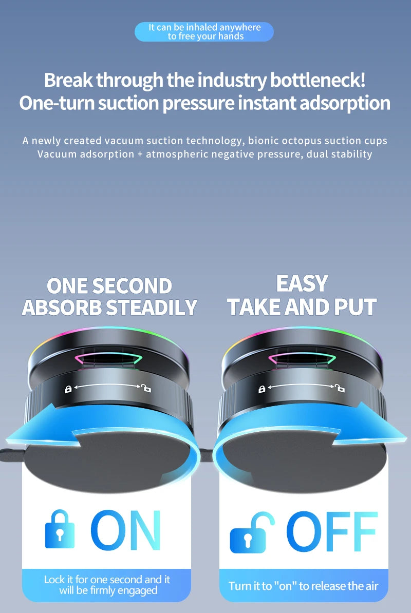 15W Wireless Magnetic Car Charger | Vacuum Suction Phone Holder with Multi-Angle Rotation