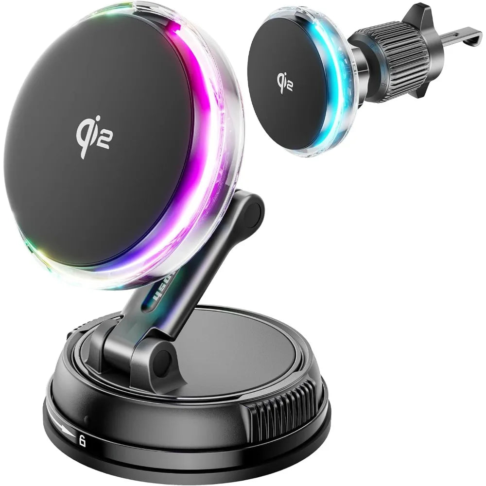 MagSafe 15W Qi2 Car Mount Charger with Cooling Fan & RGB Lights – Wireless Magnetic Phone Holder for iPhone