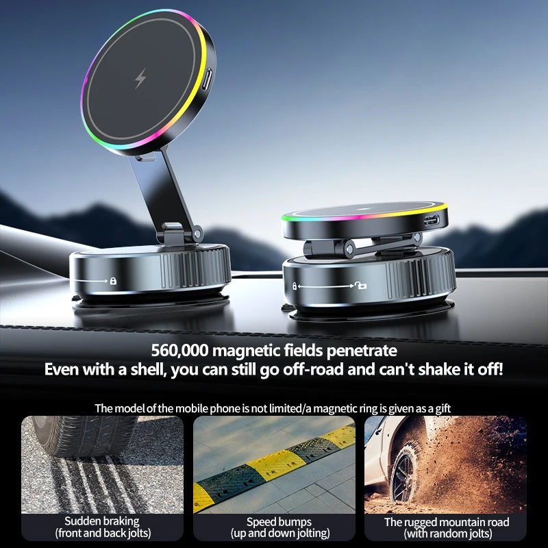 15W Wireless Magnetic Car Charger | Vacuum Suction Phone Holder with Multi-Angle Rotation