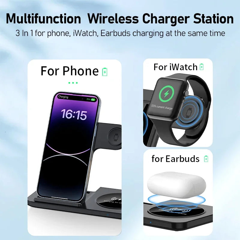 3-in-1 Magnetic Wireless Charger Stand, Fast Charging Dock for iPhone, Apple Watch & AirPods