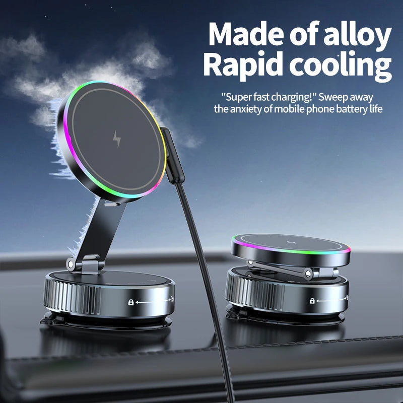 15W Wireless Magnetic Car Charger | Vacuum Suction Phone Holder with Multi-Angle Rotation