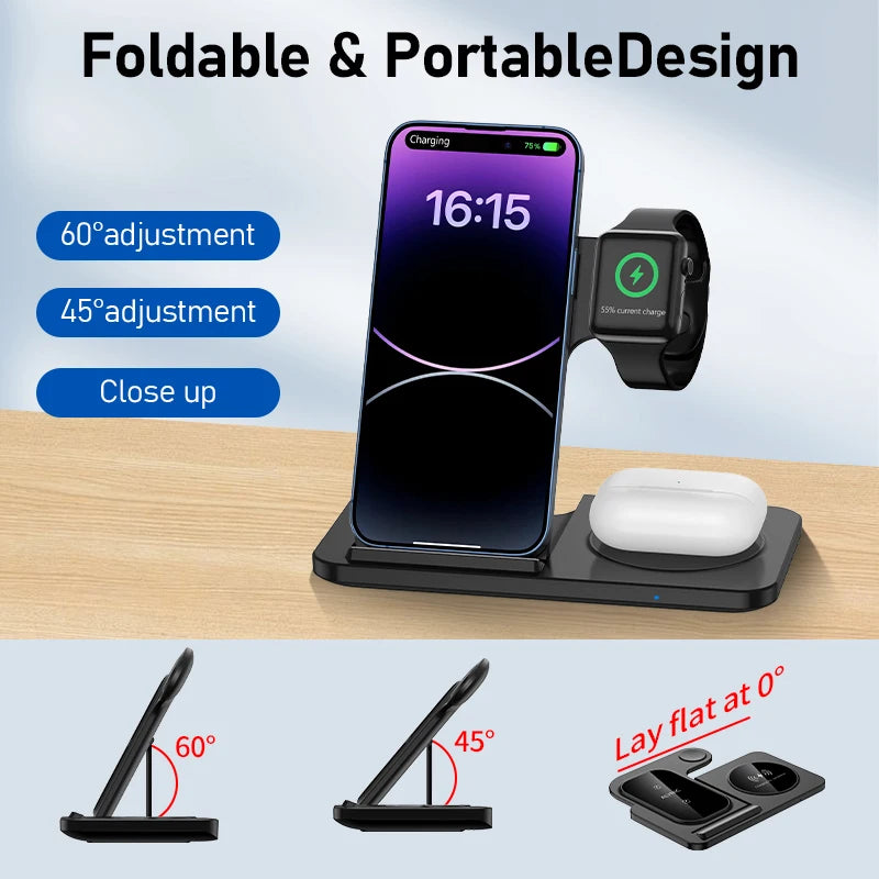 3-in-1 Magnetic Wireless Charger Stand, Fast Charging Dock for iPhone, Apple Watch & AirPods