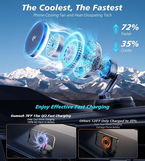 MagSafe 15W Qi2 Car Mount Charger with Cooling Fan & RGB Lights – Wireless Magnetic Phone Holder for iPhone