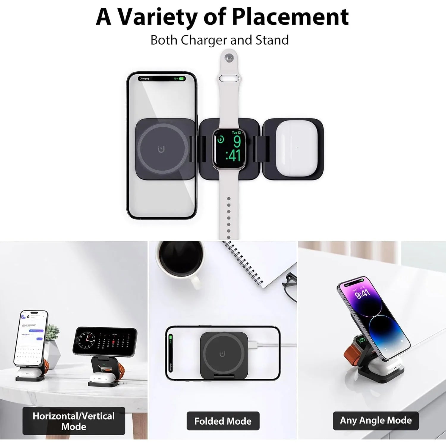 3-in-1 Magnetic Wireless Charging Stand – Foldable Fast Charger for iPhone, Apple Watch & AirPods