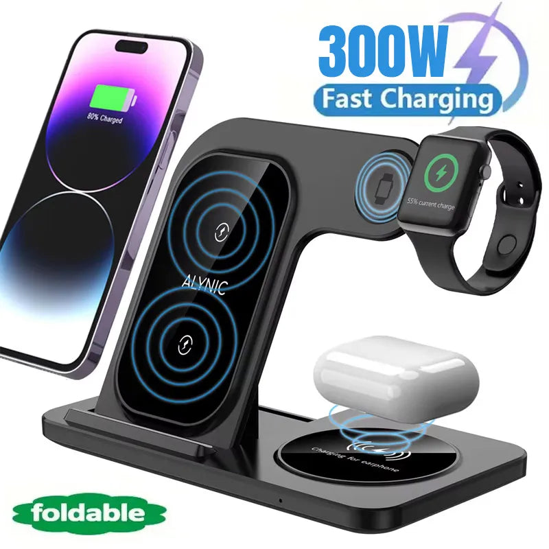 3-in-1 Magnetic Wireless Charger Stand, Fast Charging Dock for iPhone, Apple Watch & AirPods