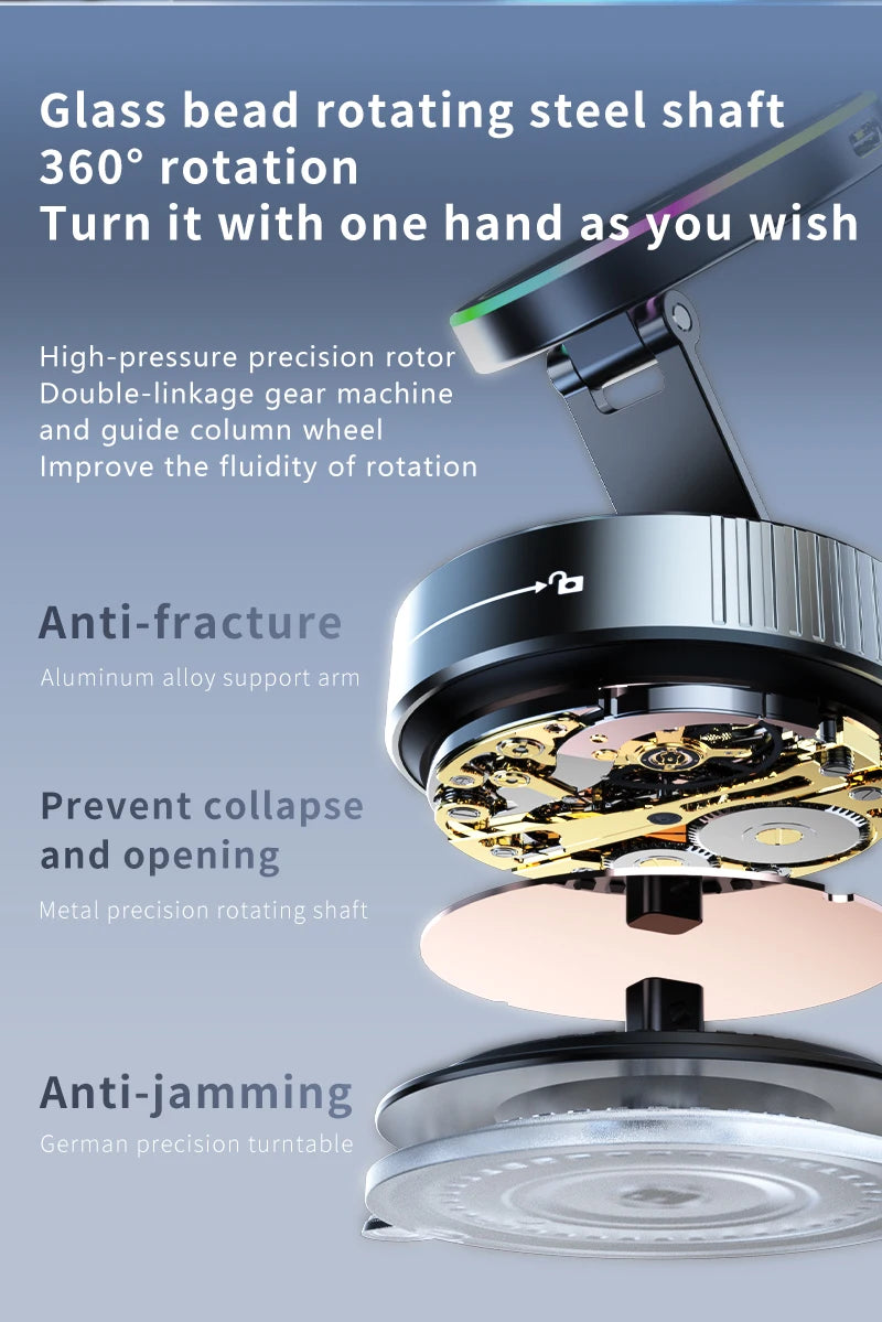 15W Wireless Magnetic Car Charger | Vacuum Suction Phone Holder with Multi-Angle Rotation