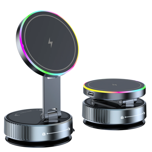 15W Wireless Magnetic Car Charger | Vacuum Suction Phone Holder with Multi-Angle Rotation
