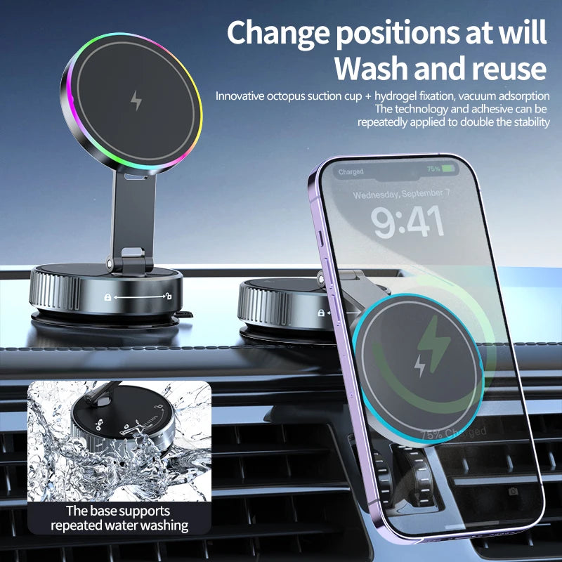 15W Wireless Magnetic Car Charger | Vacuum Suction Phone Holder with Multi-Angle Rotation