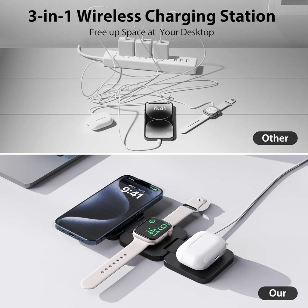 3-in-1 Magnetic Wireless Charging Stand – Foldable Fast Charger for iPhone, Apple Watch & AirPods