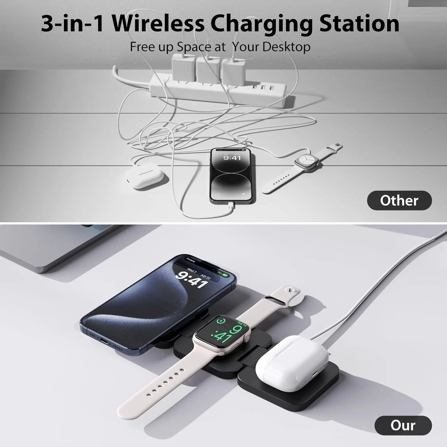 3-in-1 Magnetic Wireless Charging Stand – Foldable Fast Charger for iPhone, Apple Watch & AirPods